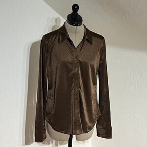 GAP Brown Satin Button Down Blouse | Size Small | Shiny Dressy Top
